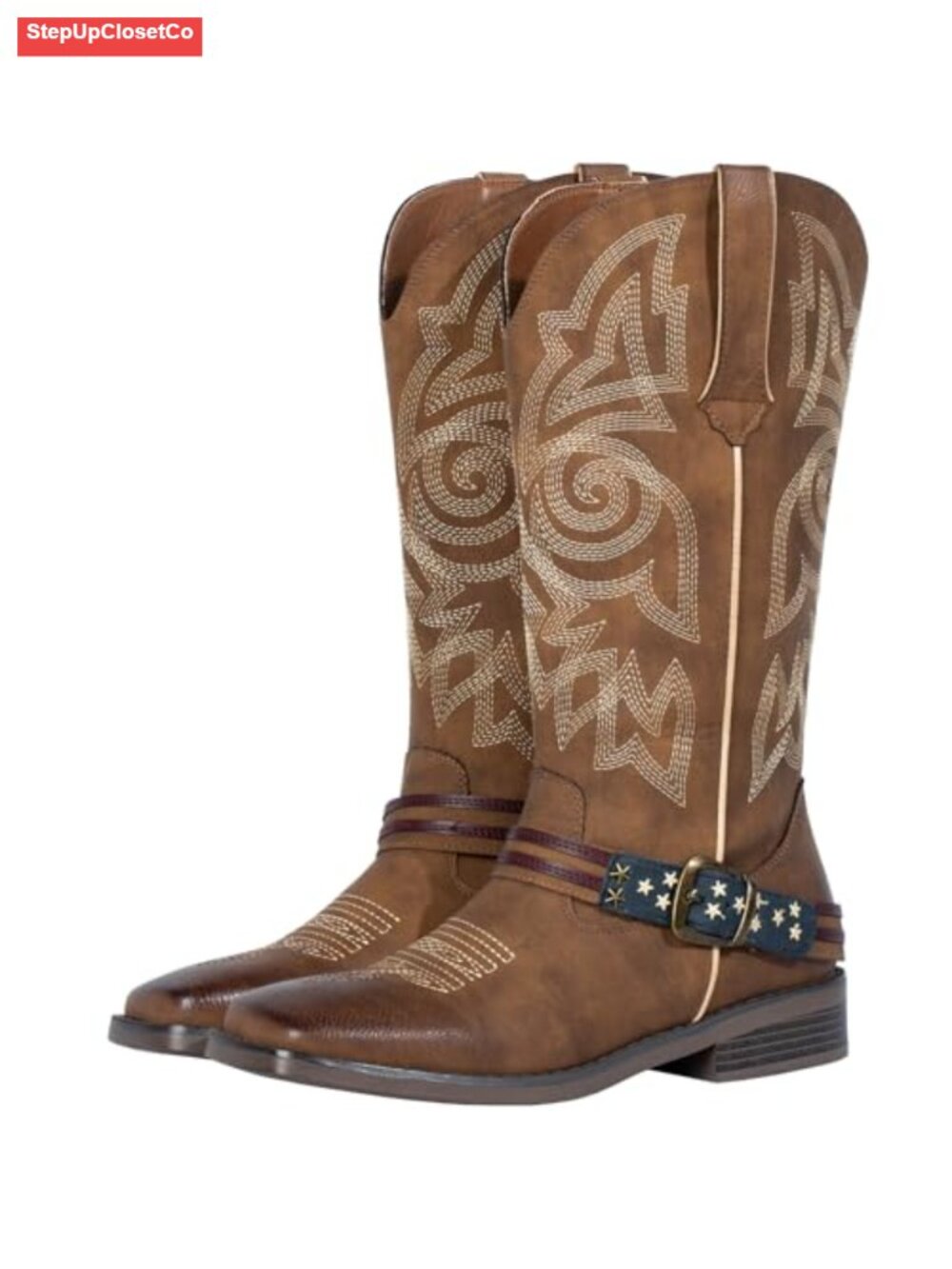 Wide Square Toe Western Cowgirl Boots Faux Leather Mid Calf
